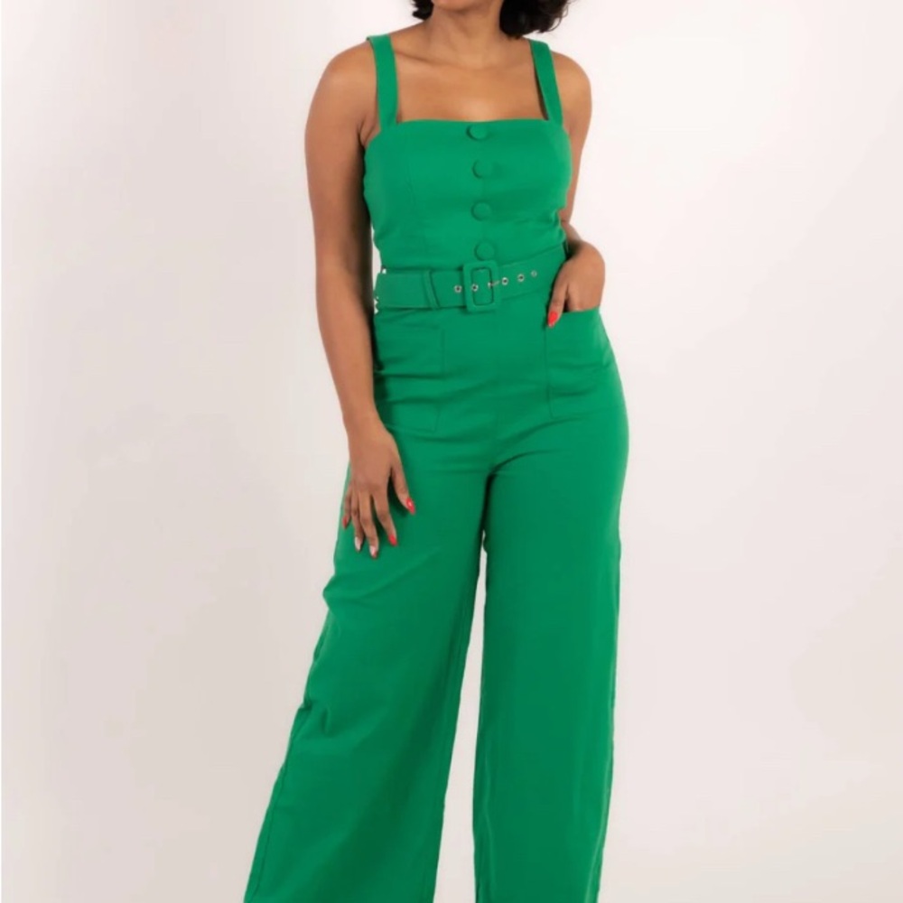 Collectif Green Wide-Leg Belted Jumpsuit